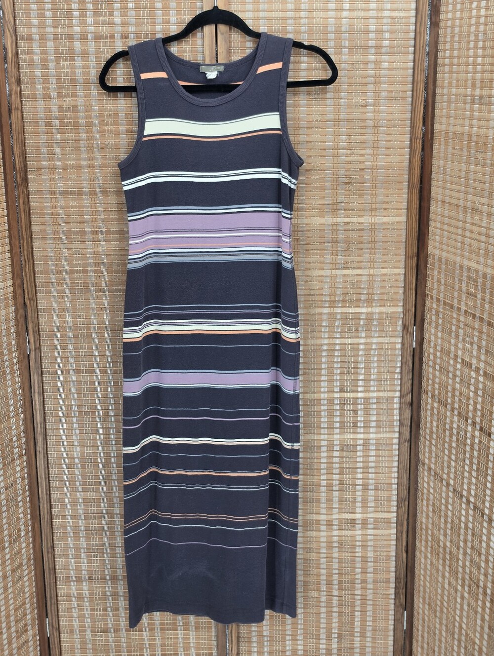 J Crew Sleeveless Striped Knit Maxi Dress - Navy with Pastel Stripes Size Small